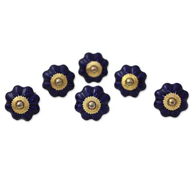 Floral Beauties in Indigo,'Hand Made Ceramic Cabinet Knobs Floral Blue (Set of 6) India'