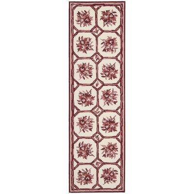 Red/White 96 x 27 x 0.25 in Area Rug - August Grove® Kendall Floral Handmade Looped Wool Ivory/Red Area Rug Wool | 96 H x 27 W x 0.25 D in | Wayfair